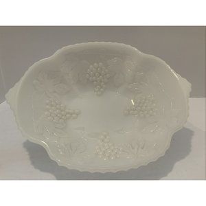 White Milk Glass Fruit Bowl Grape Pattern, Handle w/ Scalloped Ruffled Edges 10”